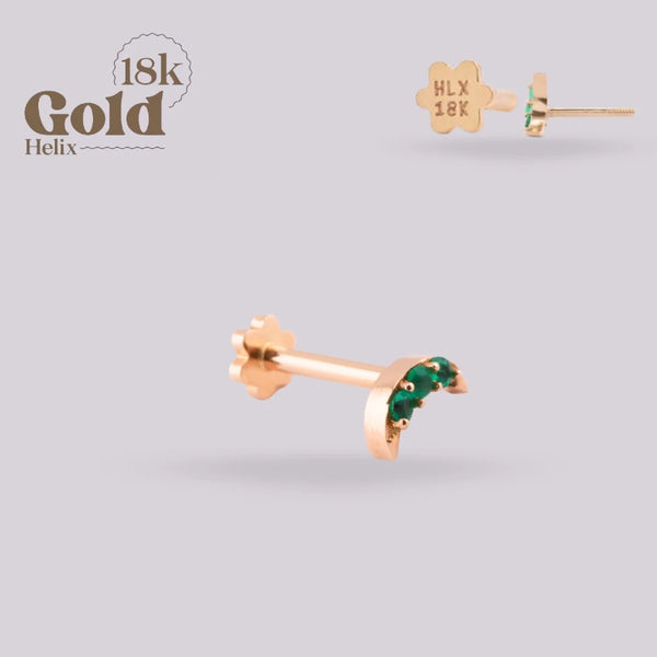 18K Gold Labret with Colombian Emeralds | Crescent Moon Design