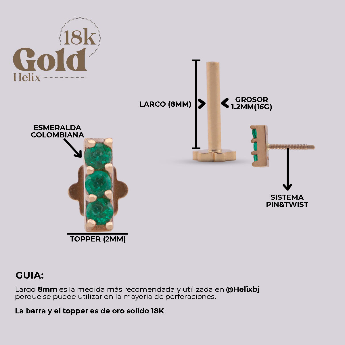 Labret en Oro 18K con Trío de Esmeraldas Colombianas