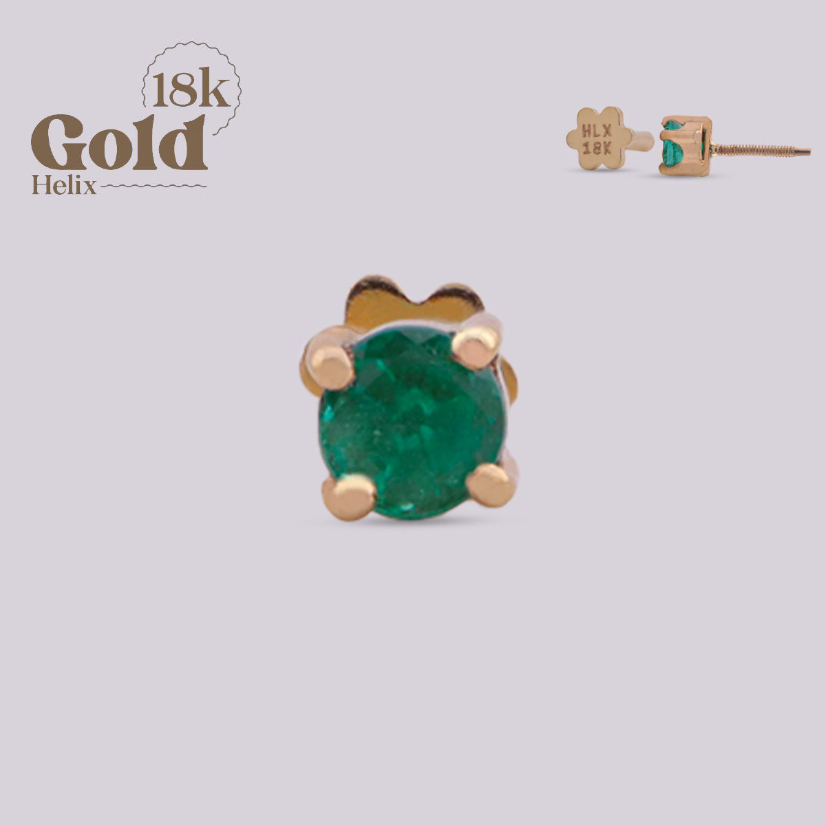 Labret con Esmeralda Colombiana 3 mm en Oro 18K