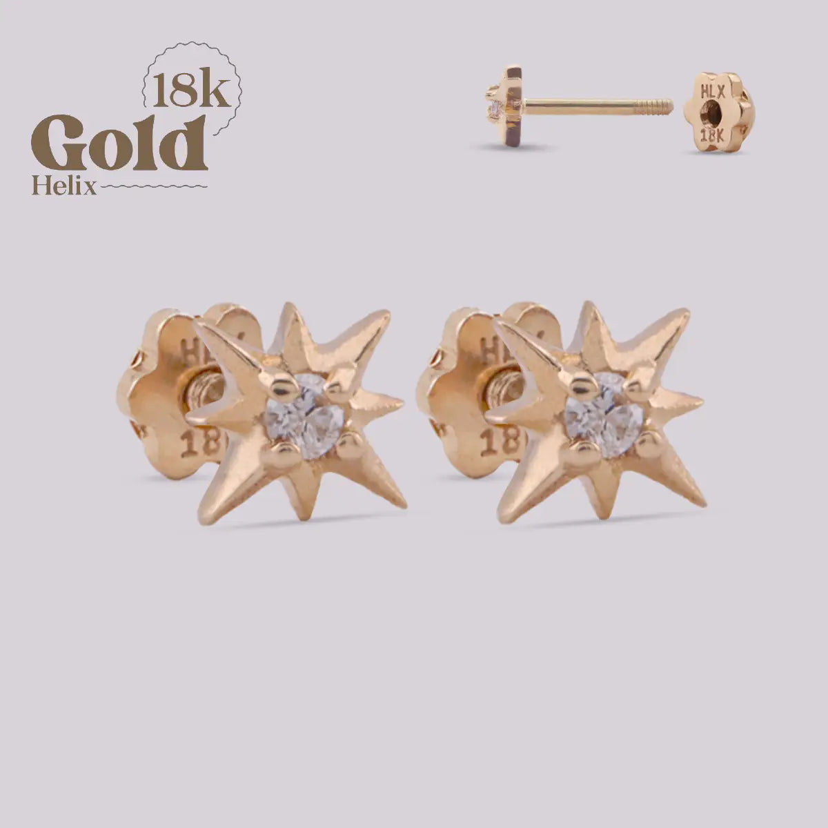 Aretes Estrella de 8 Puntas en Oro 18K con Diamante Natural
