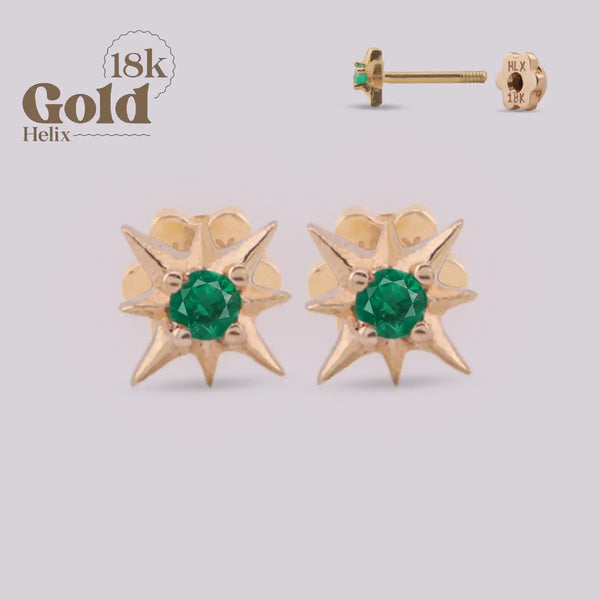 18K Gold Star Earring with Colombian Emerald – Celestial Design | Helix Body Jewelry