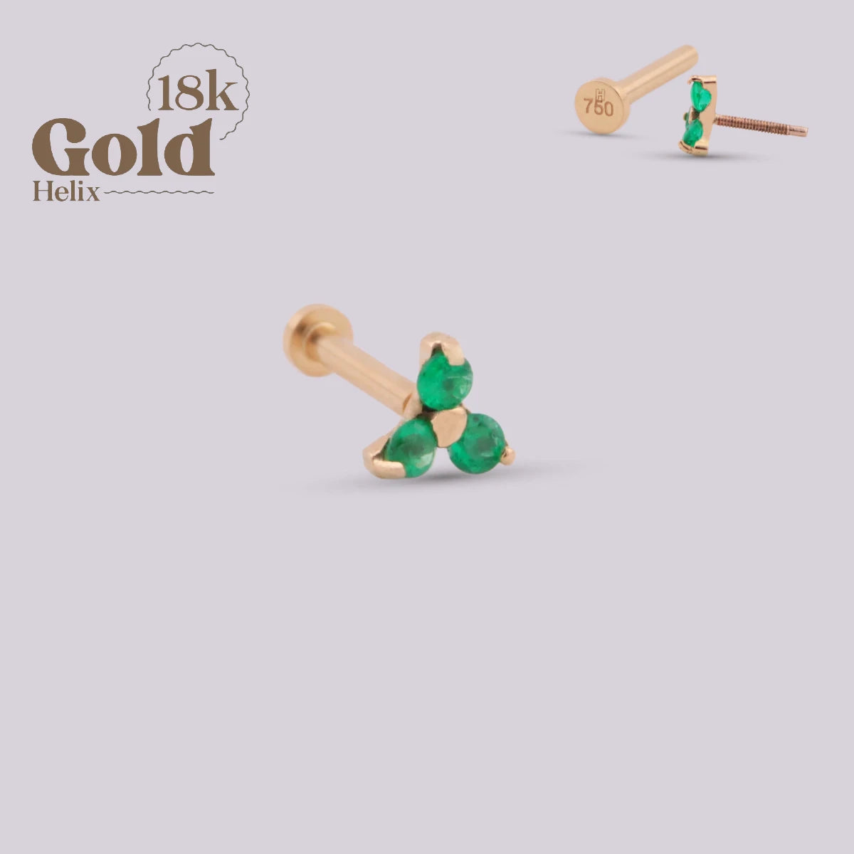 Labret en Oro 18K con Tres Esmeraldas Colombianas