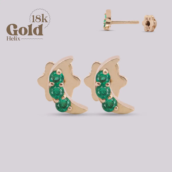 18K Gold Emerald Earring – Crescent Moon Design | Helix Luxury Piercing
