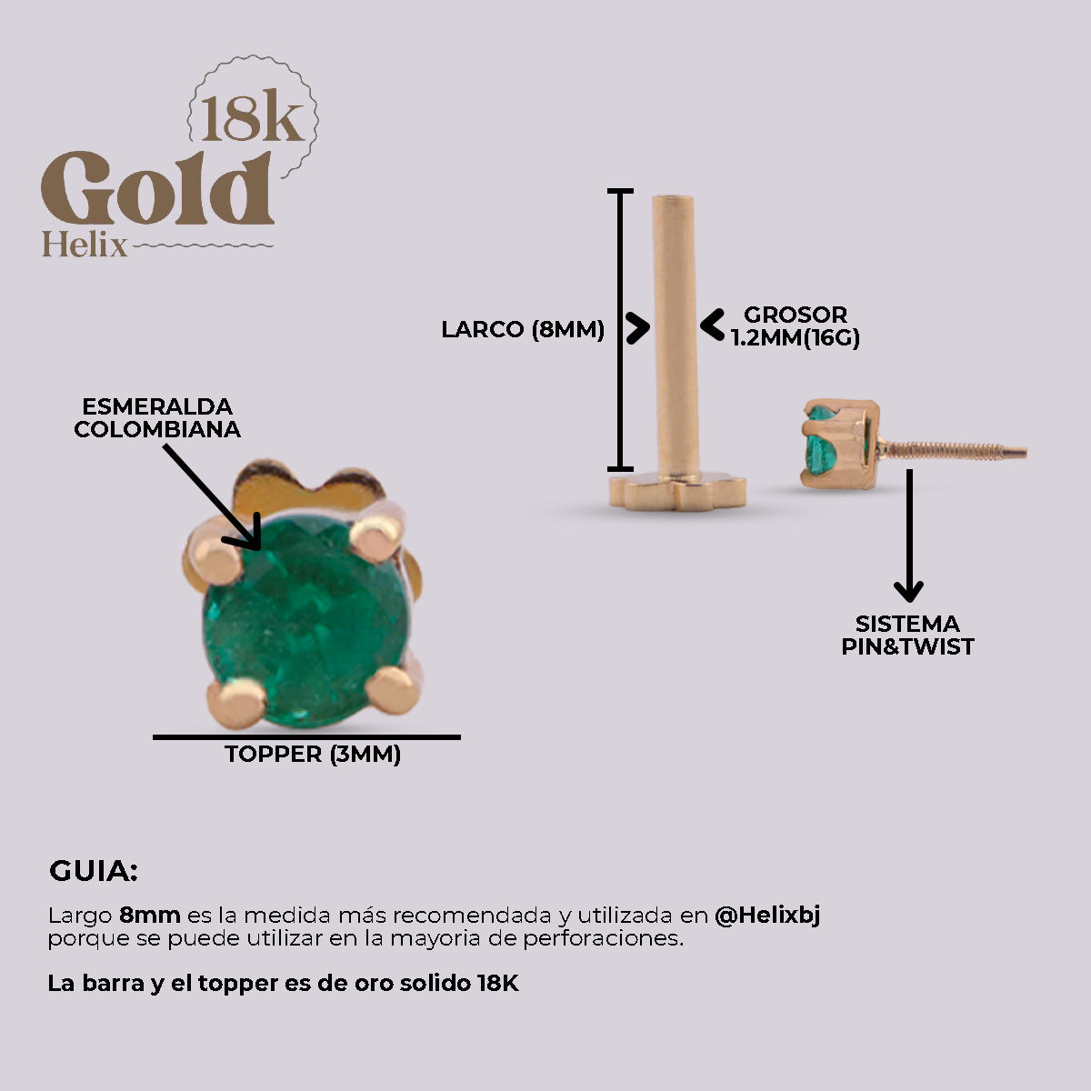 Labret con Esmeralda Colombiana 3 mm en Oro 18K