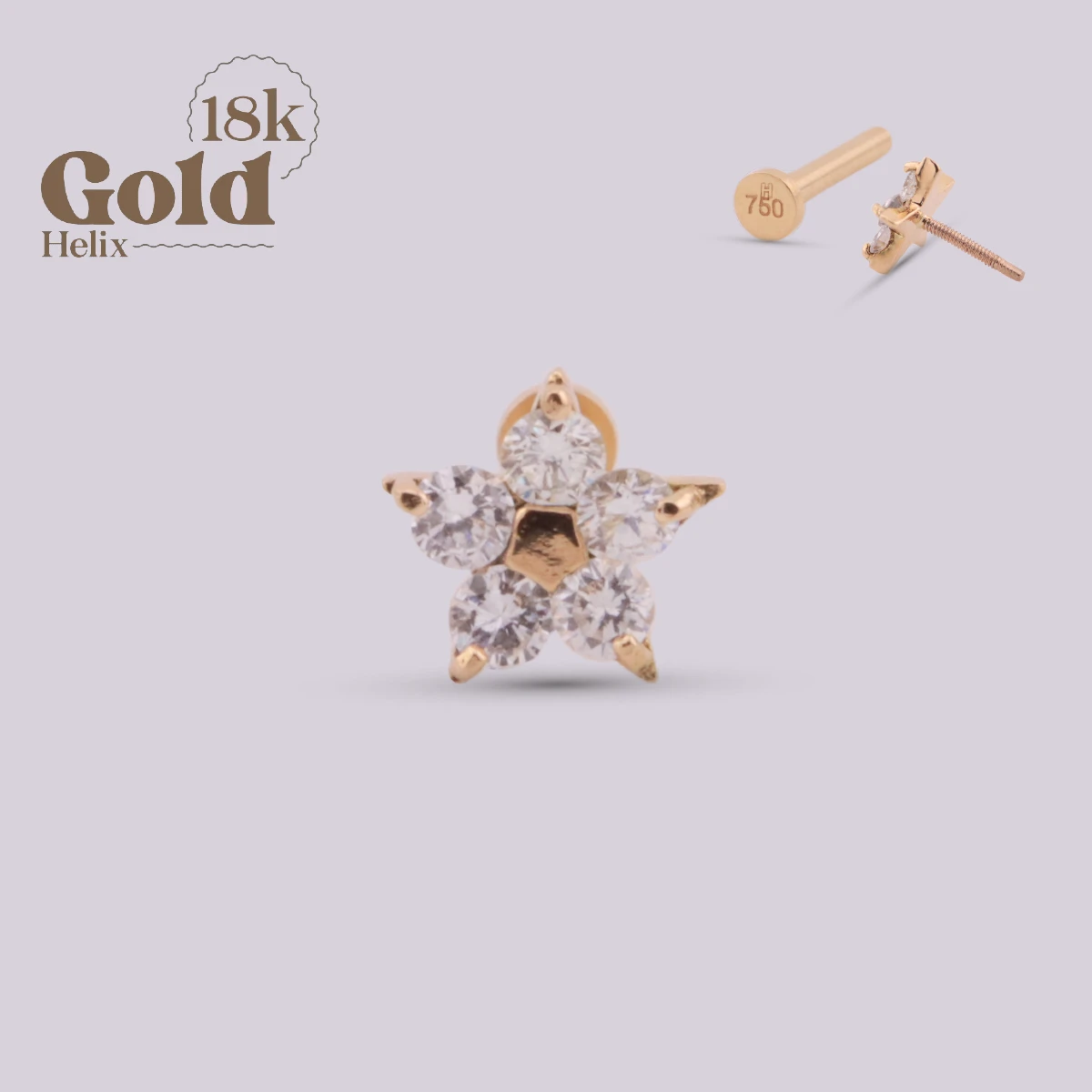 Labret Flor en Oro 18K con Diamante Natural