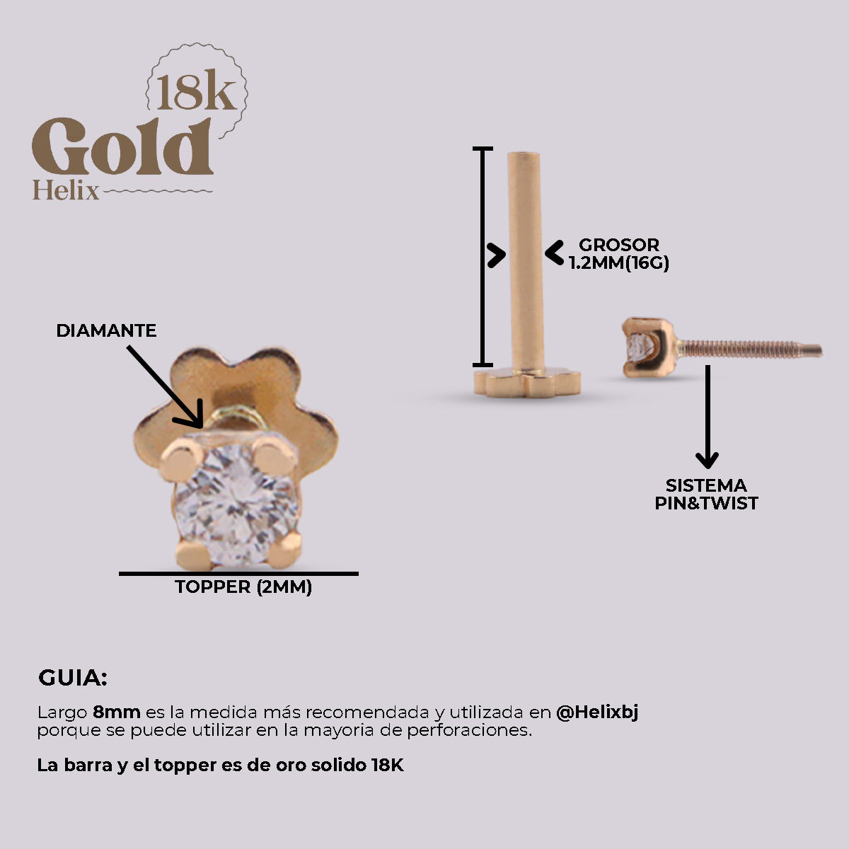 Labret de Oro 18K con Diamante de 2 mm