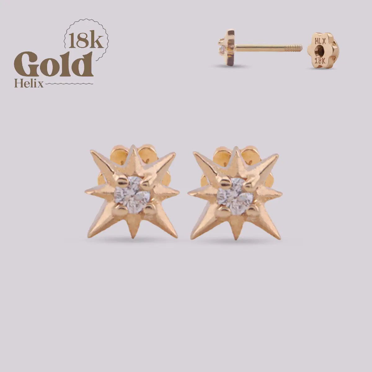 Aretes Estrella de 8 Puntas en Oro 18K con Diamante Natural