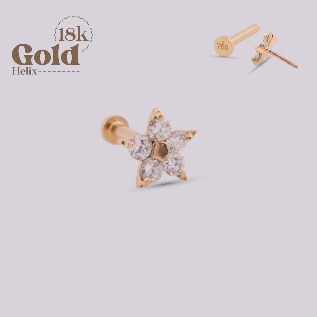 Labret Flor en Oro 18K con Diamante Natural