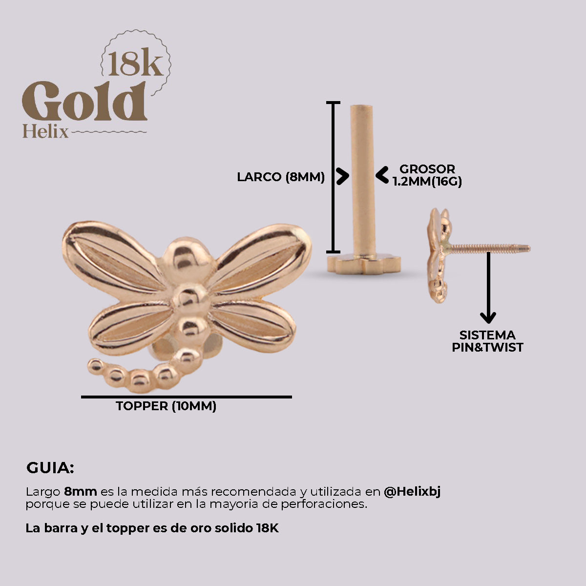 Libelula Labret Piercing en Oro 18K