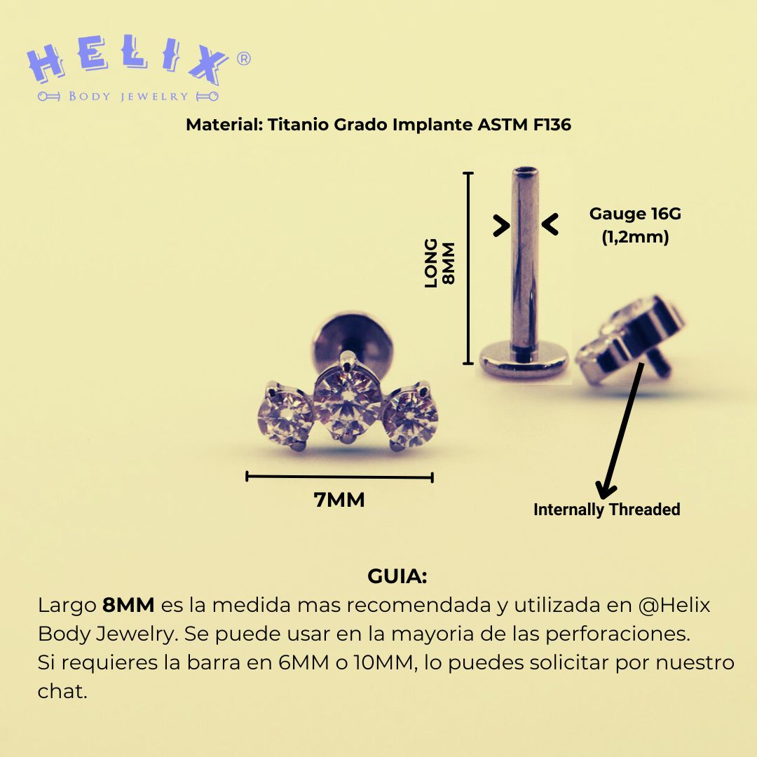 Labret Hydra con Tres Zirconias en Titanio – Dorado / Plateado / Oro rosa